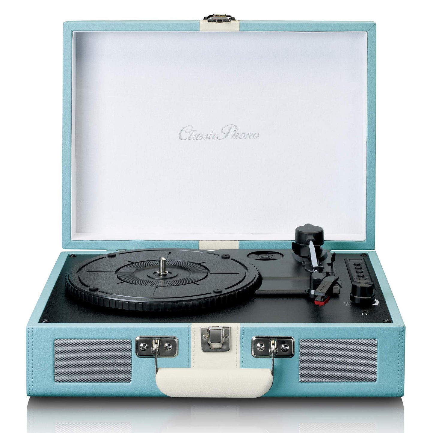 Bluetooth Record Player with Speakers, 3 Speeds, Blue/White
