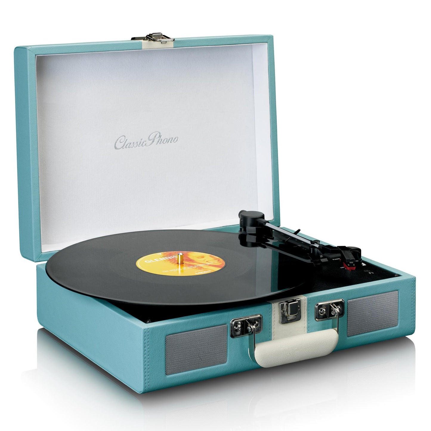 Bluetooth Record Player with Speakers, 3 Speeds, Blue/White