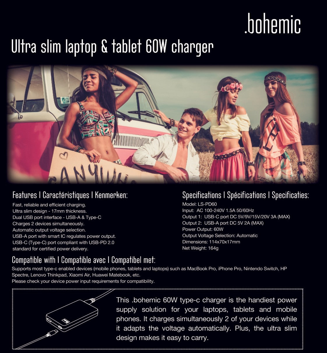 Bohemic BOH7382: Ultra-Slim Laptop and Tablet 60W Charger