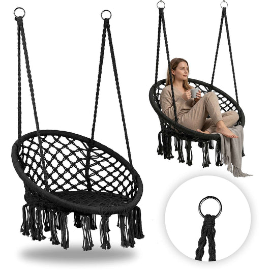 Boho Hanging Chair Swing, Black, Steel Frame, 120kg Capacity