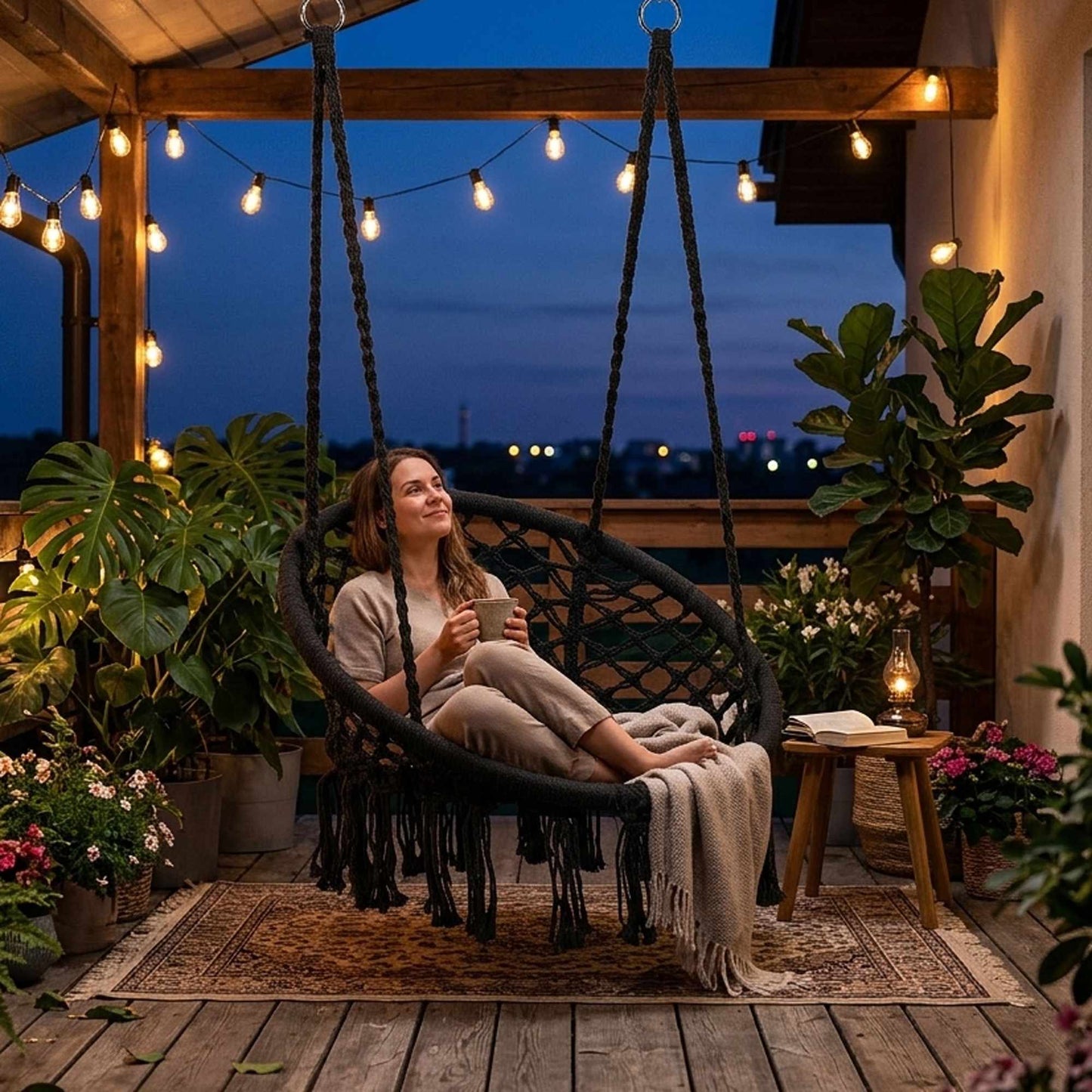 Boho Hanging Chair Swing, Black, Steel Frame, 120kg Capacity