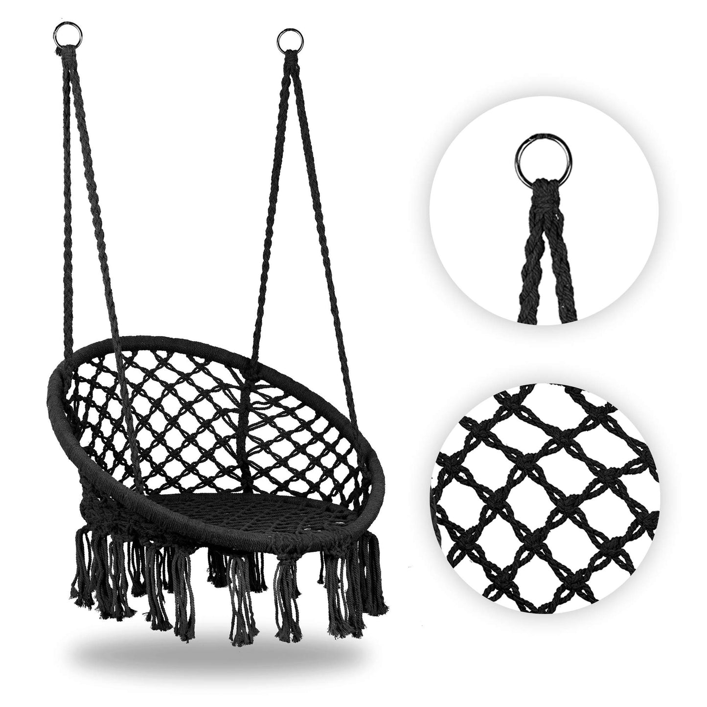Boho Hanging Chair Swing, Black, Steel Frame, 120kg Capacity