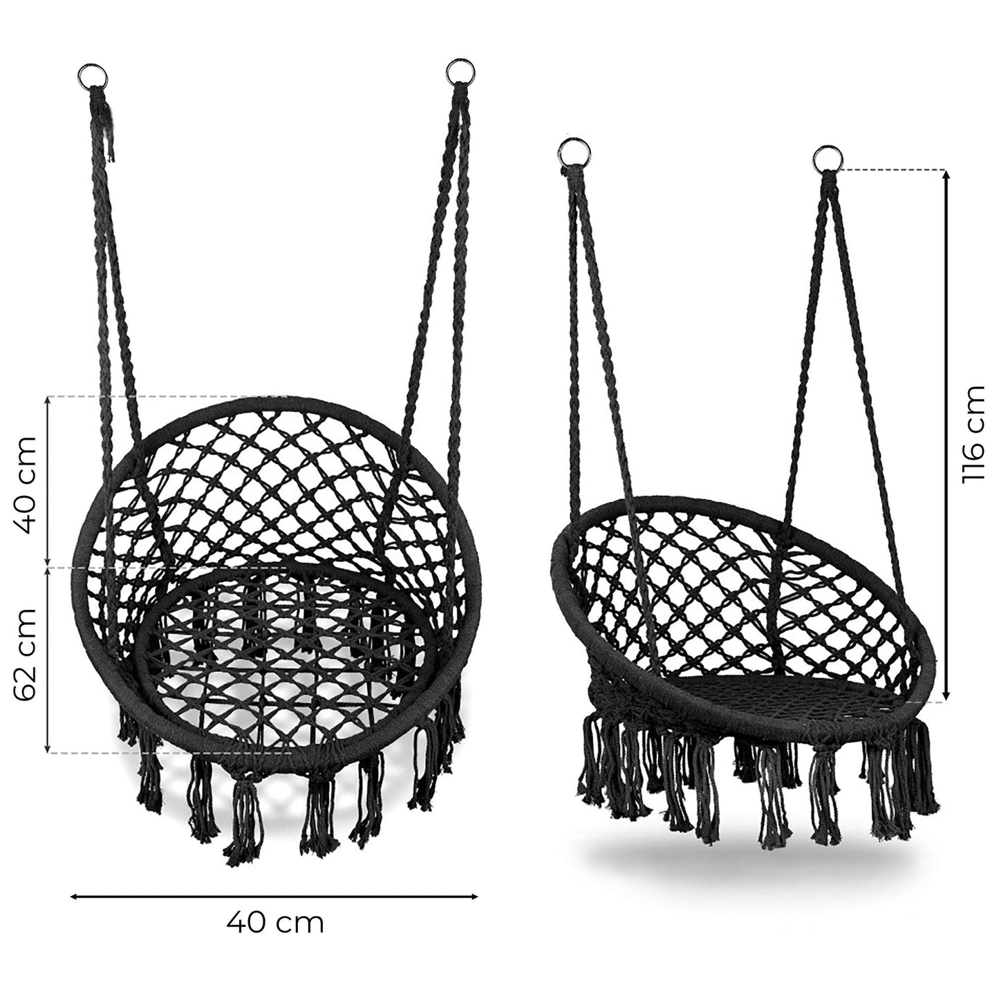 Boho Hanging Chair Swing, Black, Steel Frame, 120kg Capacity