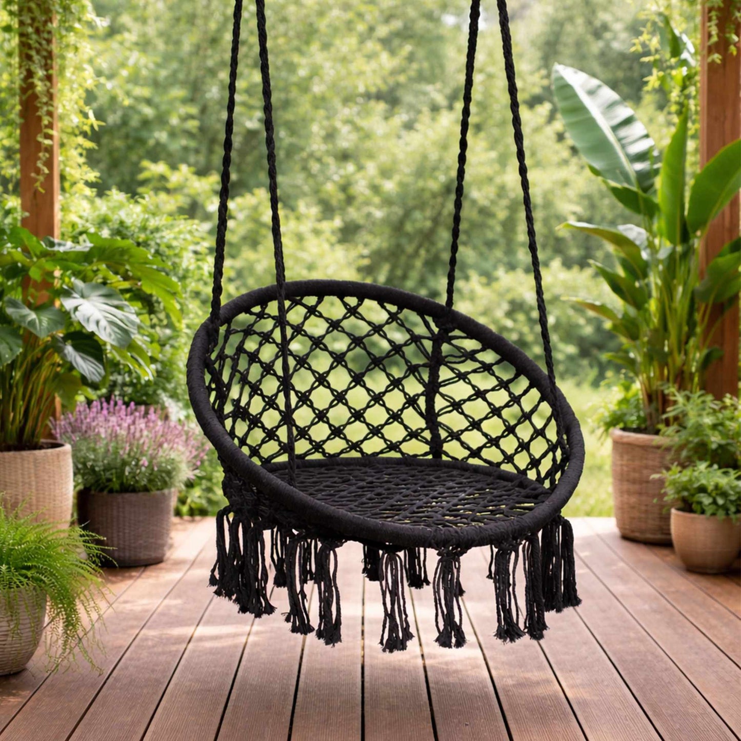 Boho Hanging Chair Swing, Black, Steel Frame, 120kg Capacity
