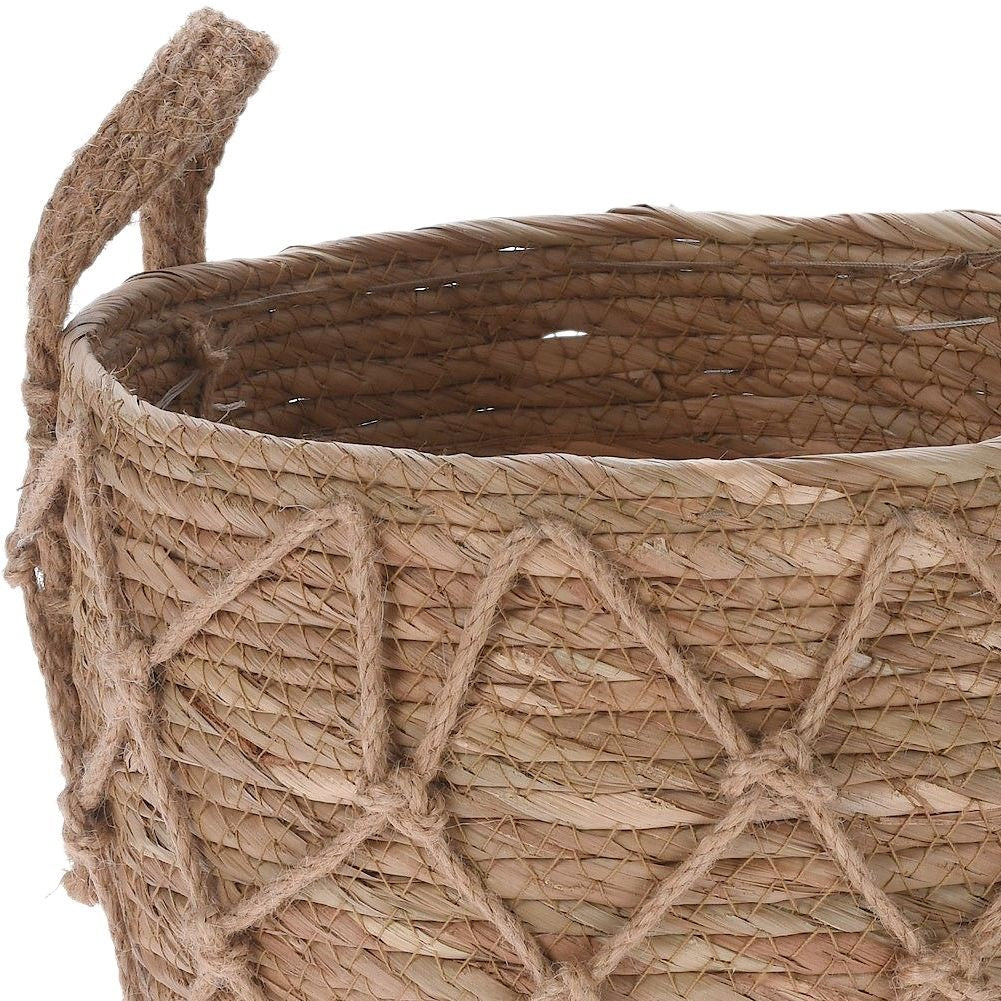 Boho flower pot in woven basket of sea grass with handle