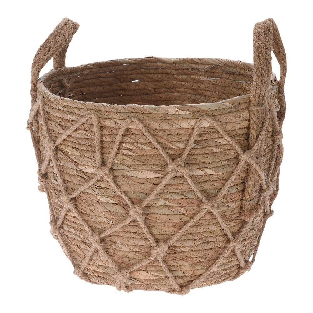 Boho flower pot in woven basket of sea grass with handle