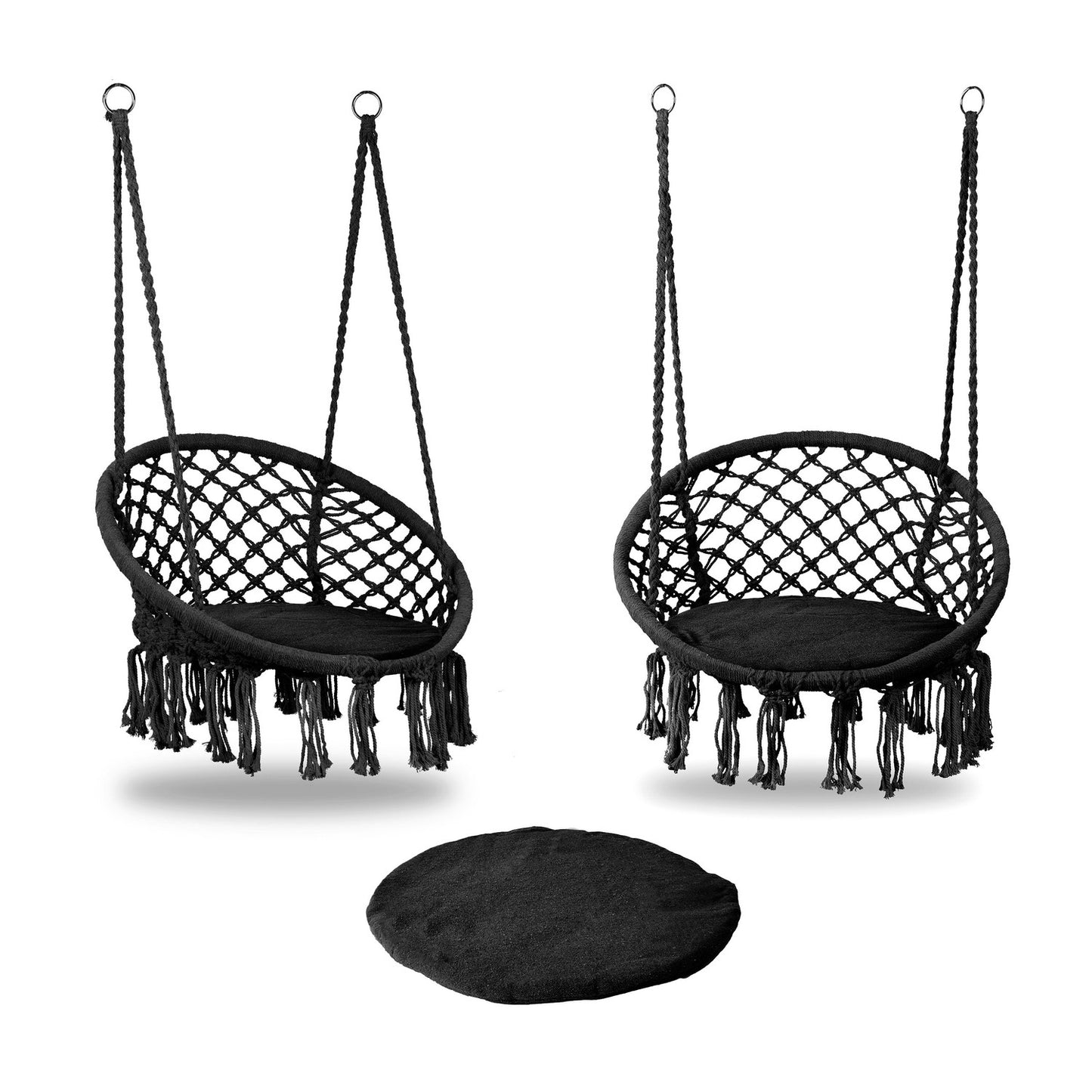 Boho hanging armchair, garden swing with pillow, black