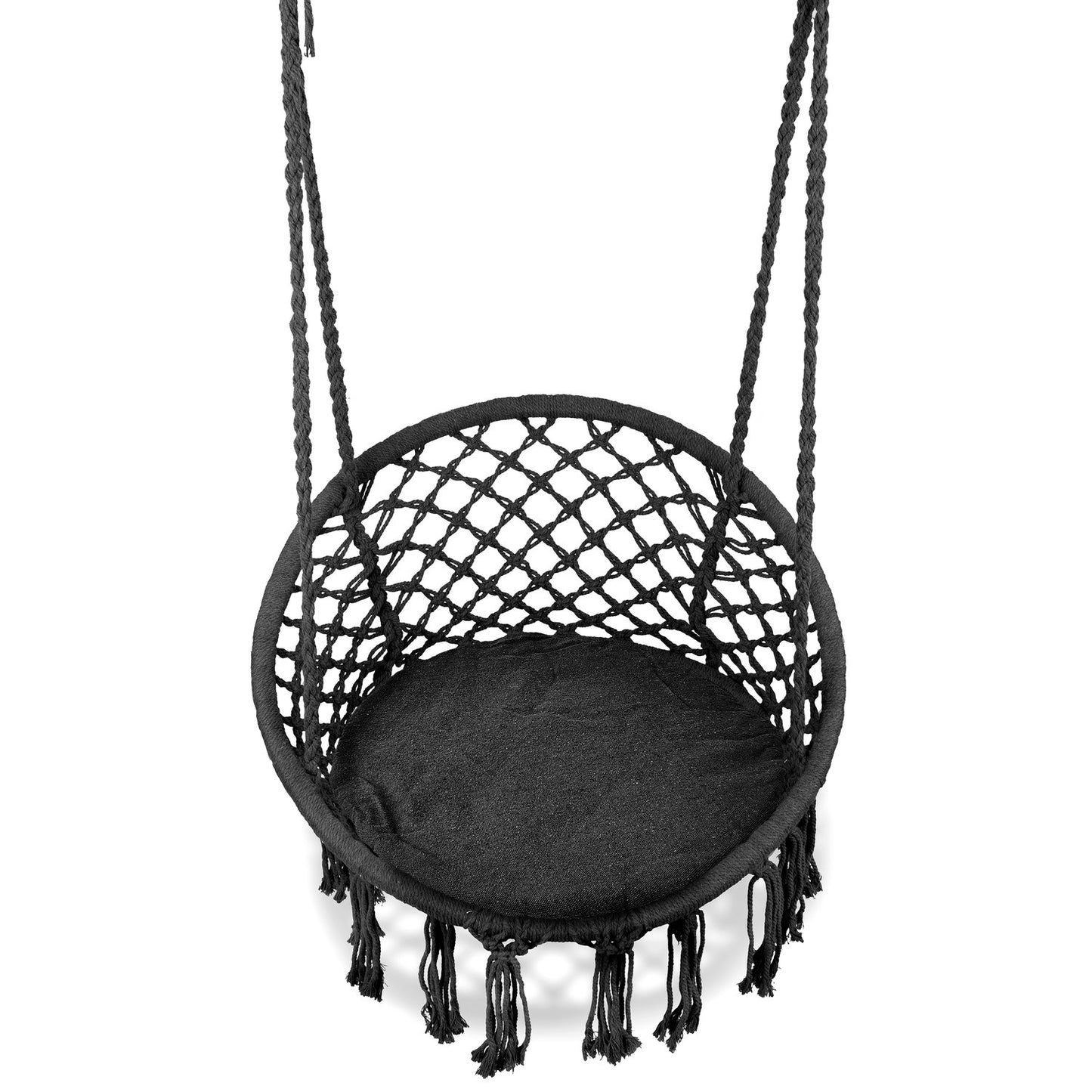 Boho hanging armchair, garden swing with pillow, black