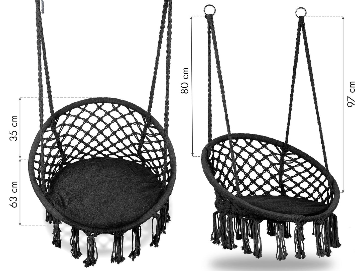 Boho hanging armchair, garden swing with pillow, black