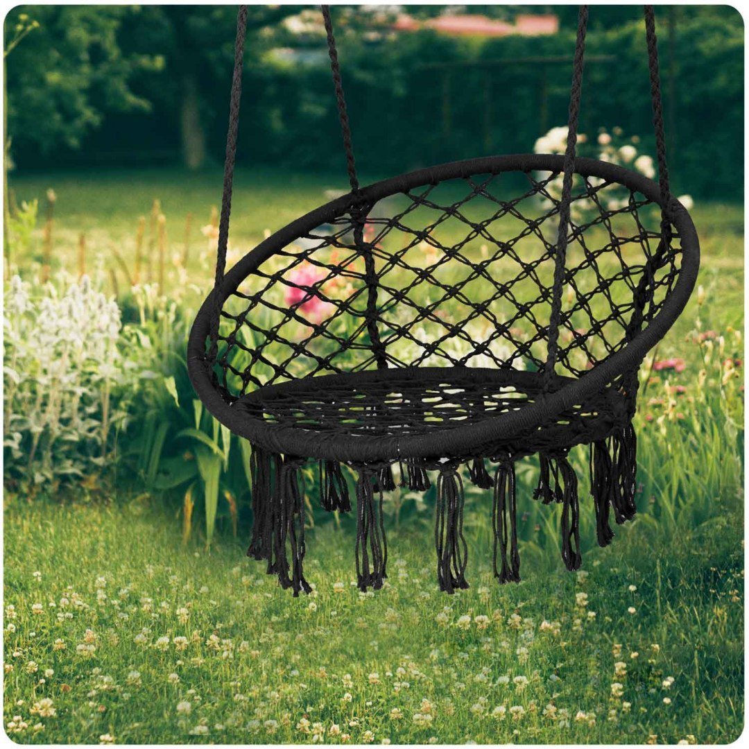 Boho hanging armchair, garden swing with pillow, black