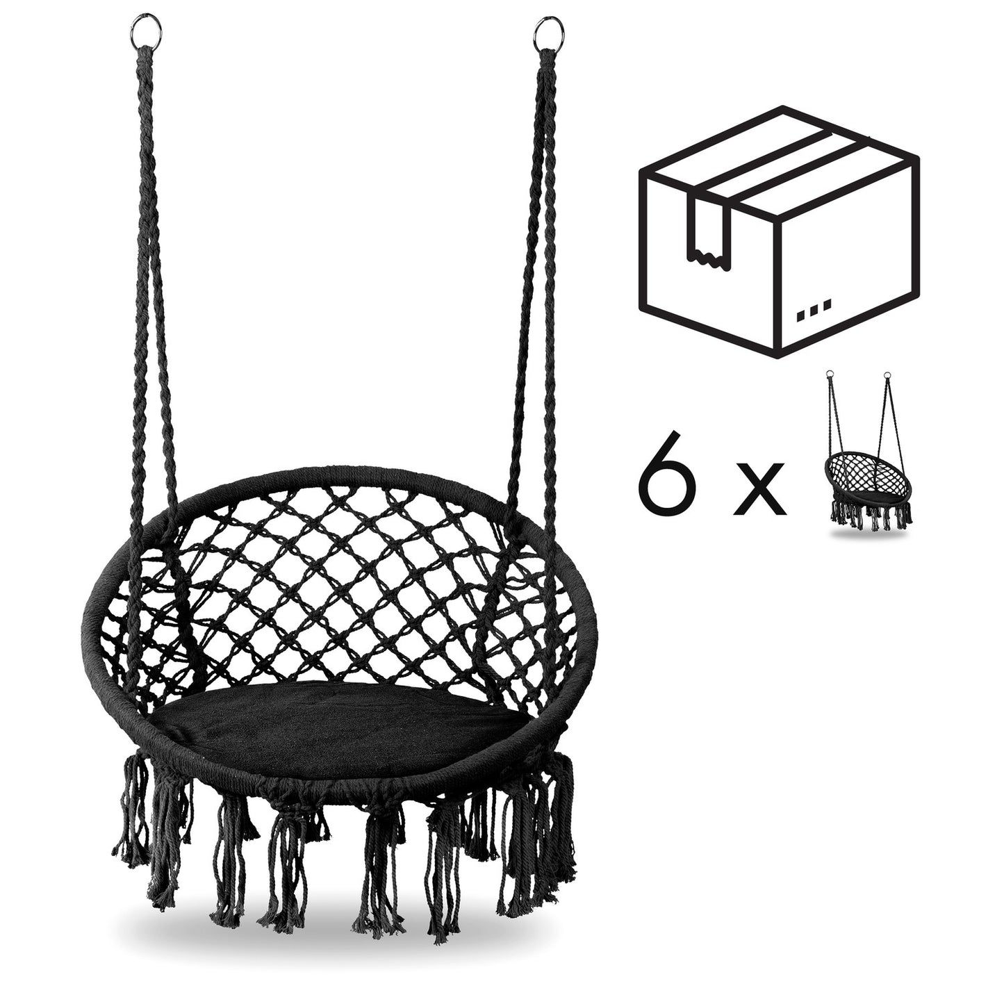 Boho hanging armchair, garden swing with pillow, black