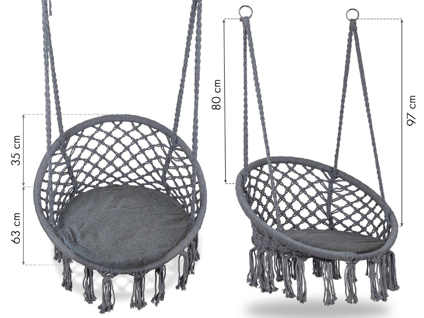 Boho hanging armchair, garden swing with pillow, gray