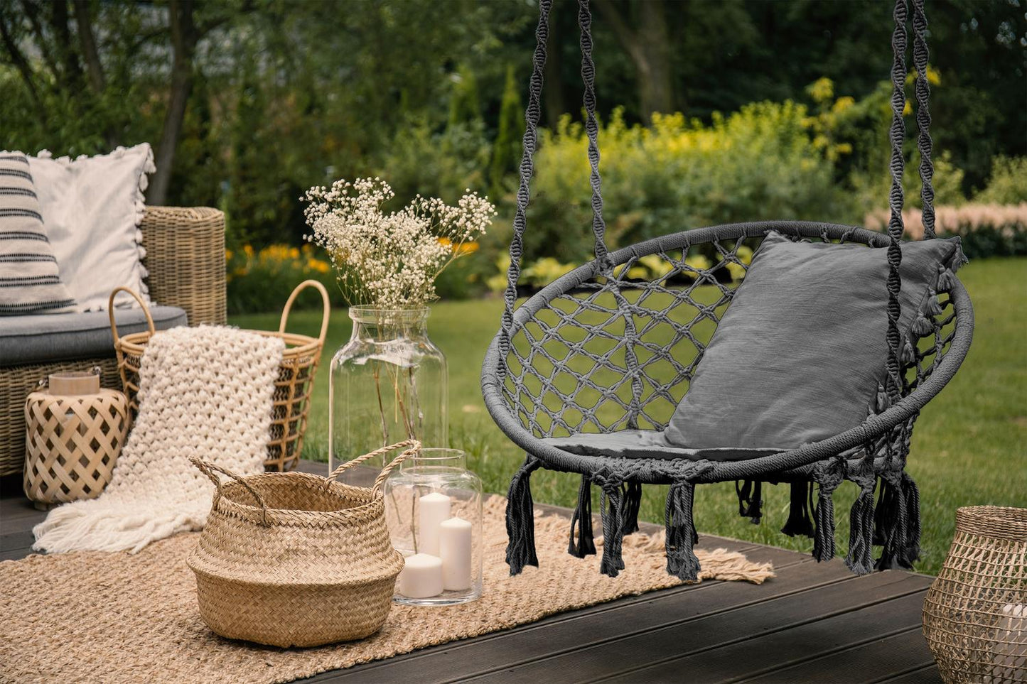 Boho hanging armchair, garden swing with pillow, gray