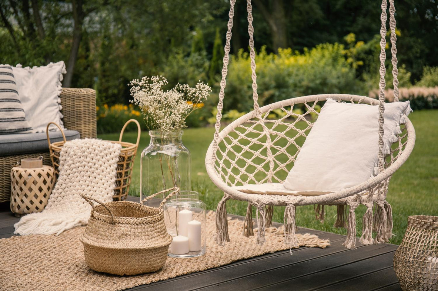 Boho hanging armchair, garden swing with pillow, white