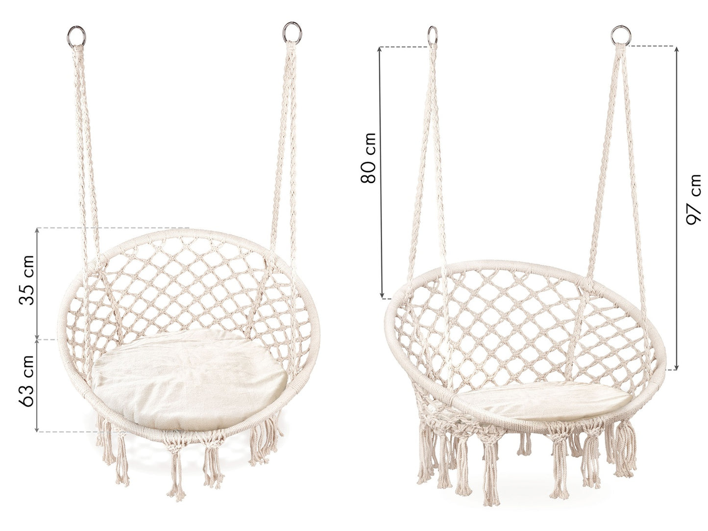 Boho hanging armchair, garden swing with pillow, white