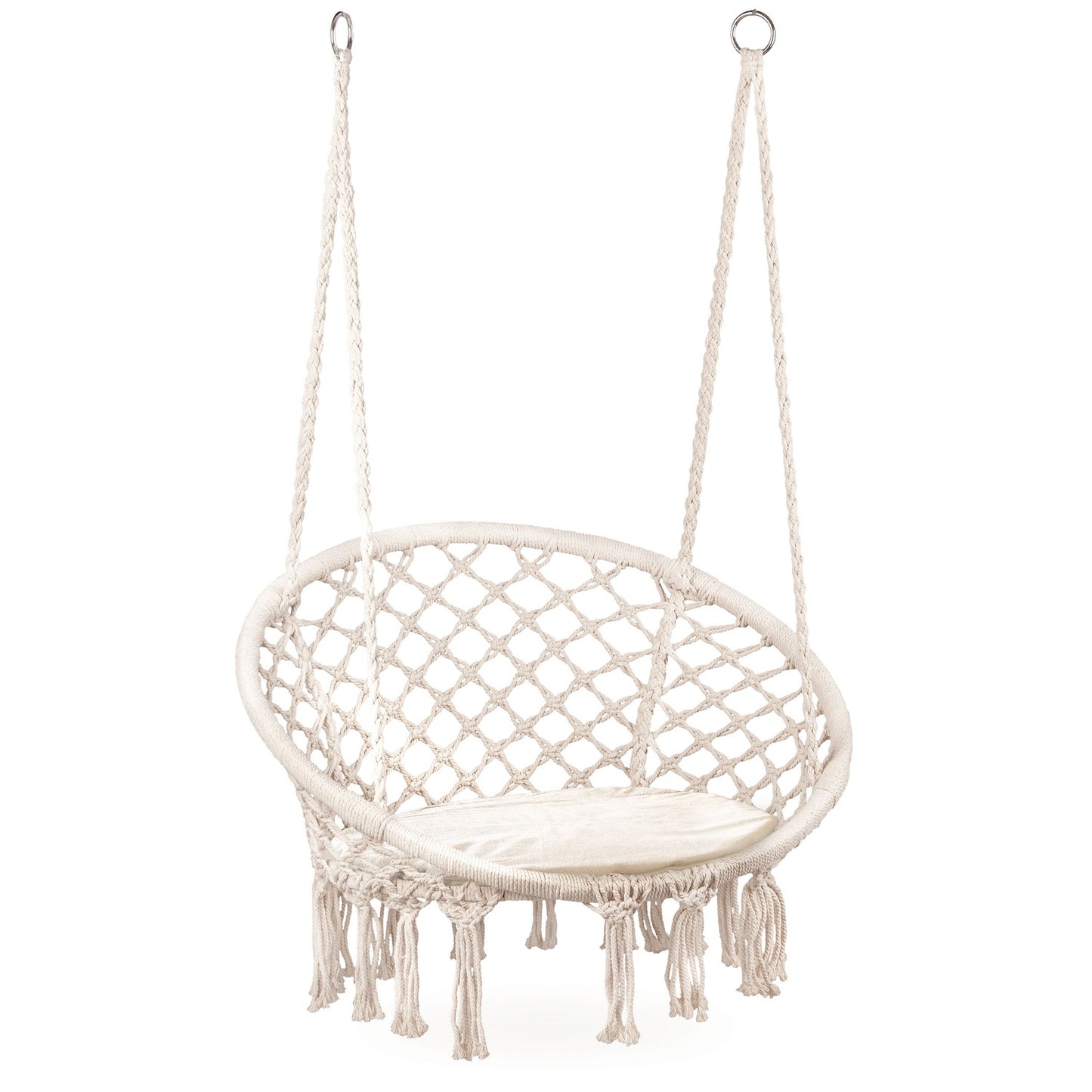 Boho hanging armchair, garden swing with pillow, white