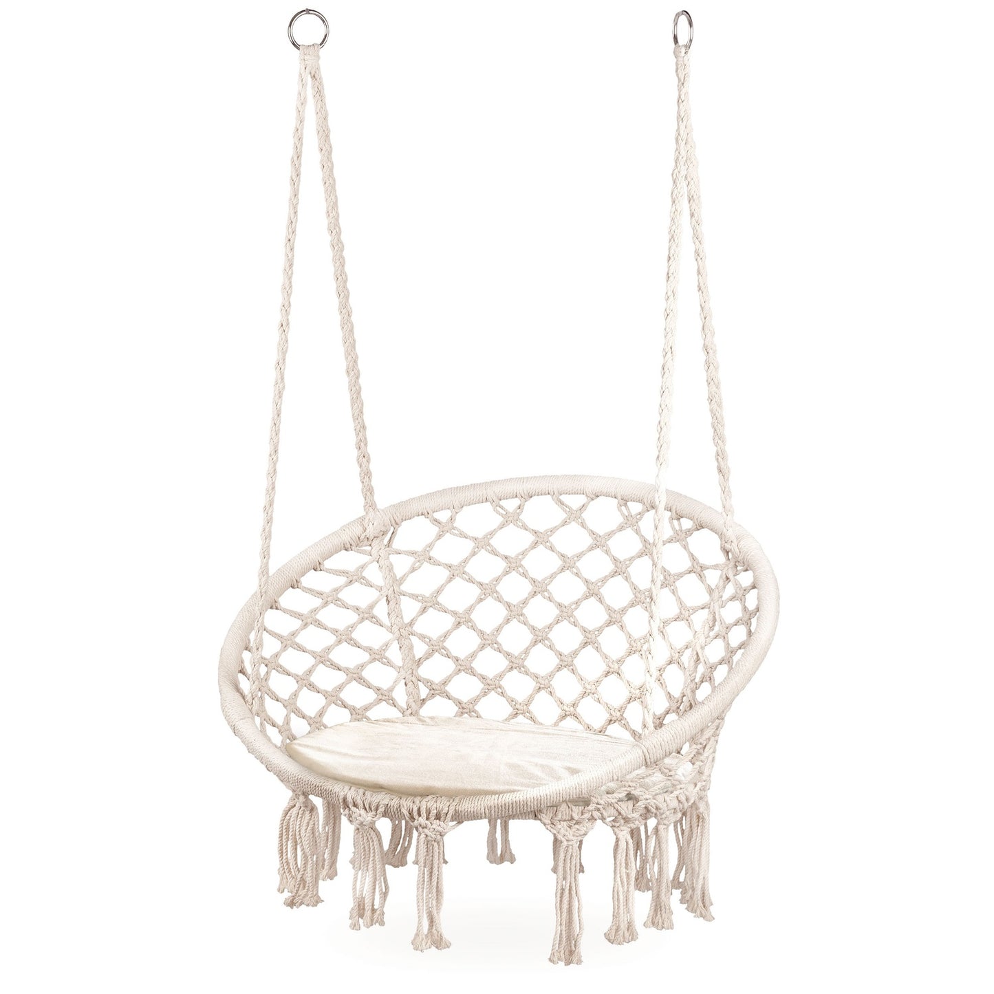 Boho hanging armchair, garden swing with pillow, white