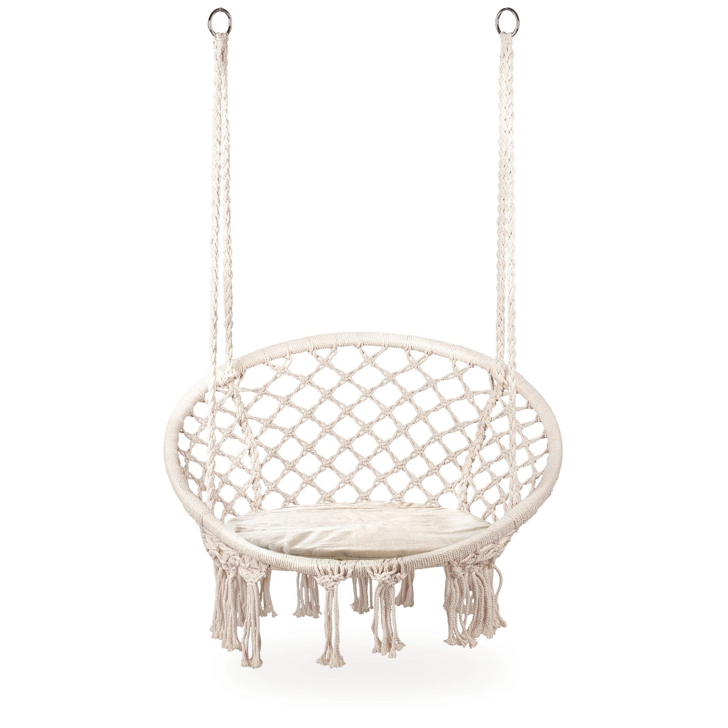Boho hanging armchair, garden swing with pillow, white