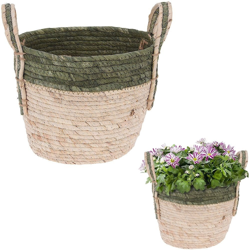 Boho plant pot in woven seagrass basket with handle