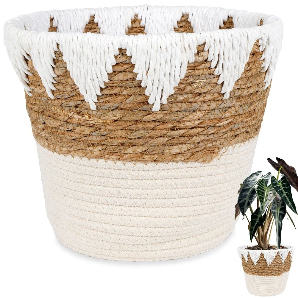 Boho pot in woven basket, cotton and paper