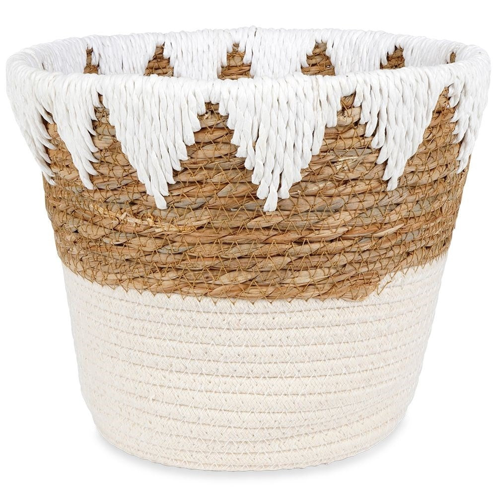 Boho pot in woven basket, cotton and paper