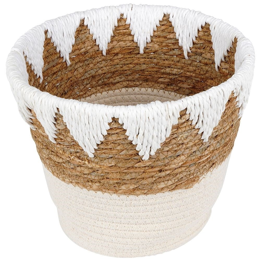 Boho pot in woven basket, cotton and paper