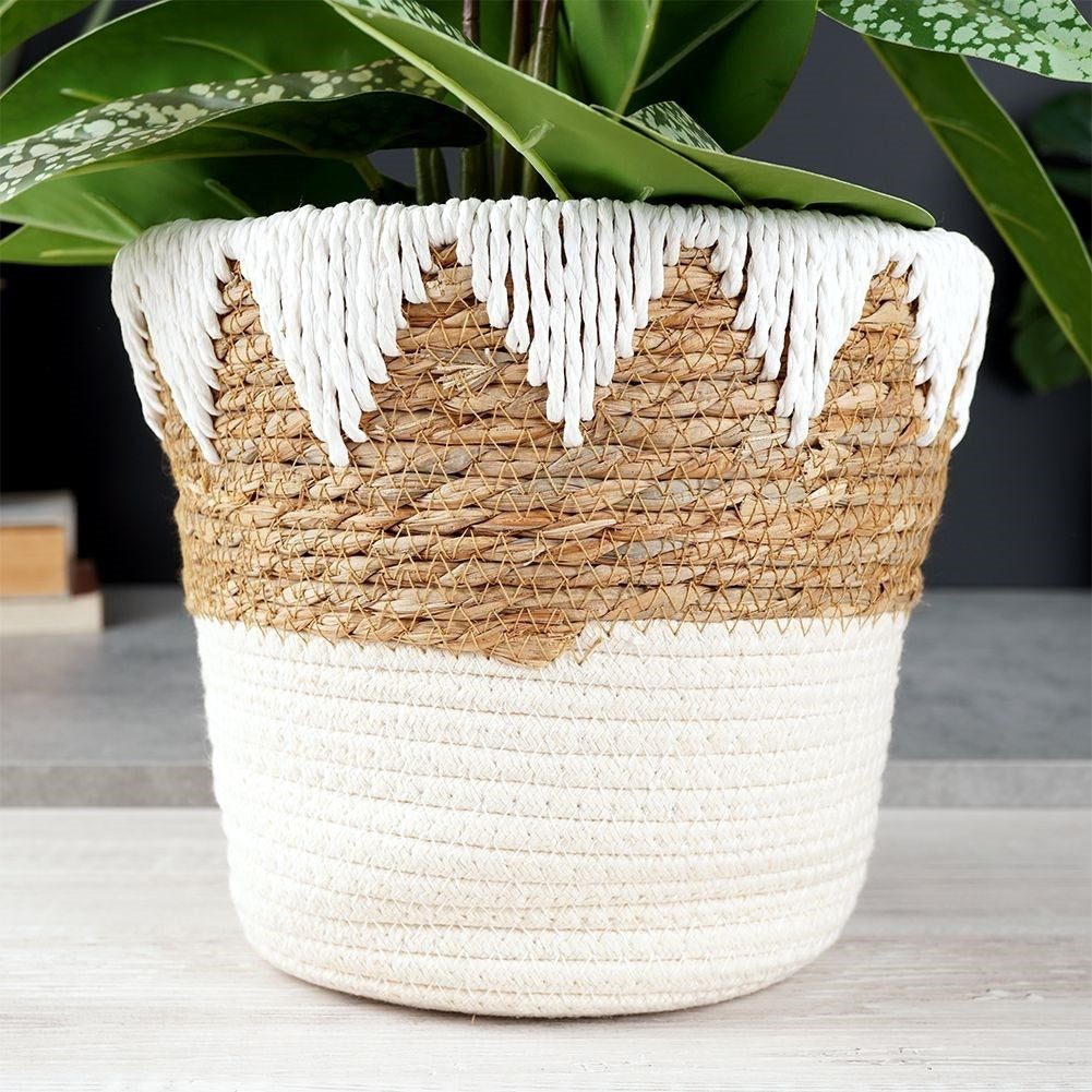 Boho pot in woven basket, cotton and paper