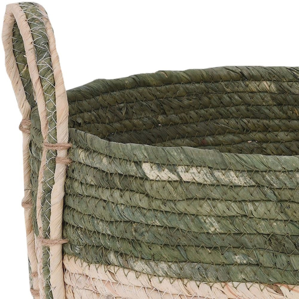 Boho pot with plant in natural seagrass basket with handle