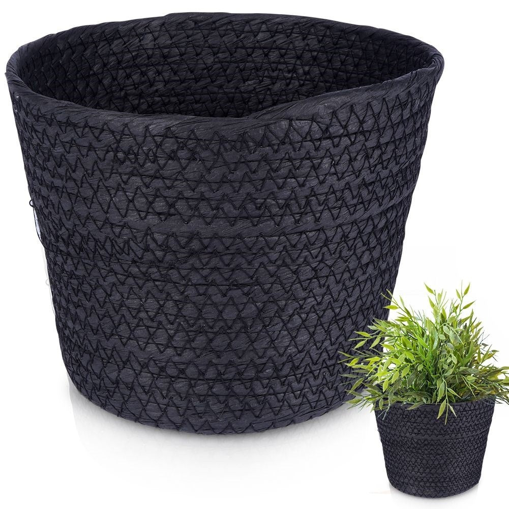 Boho-style black bin for pots and small things