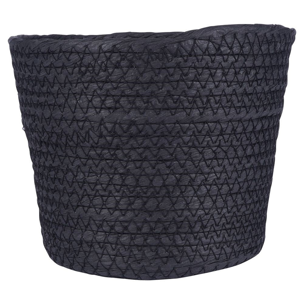 Boho-style black bin for pots and small things