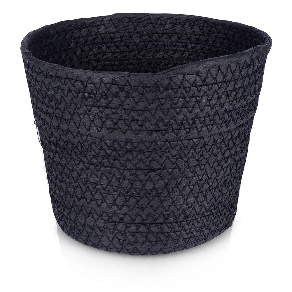 Boho-style black bin for pots and small things