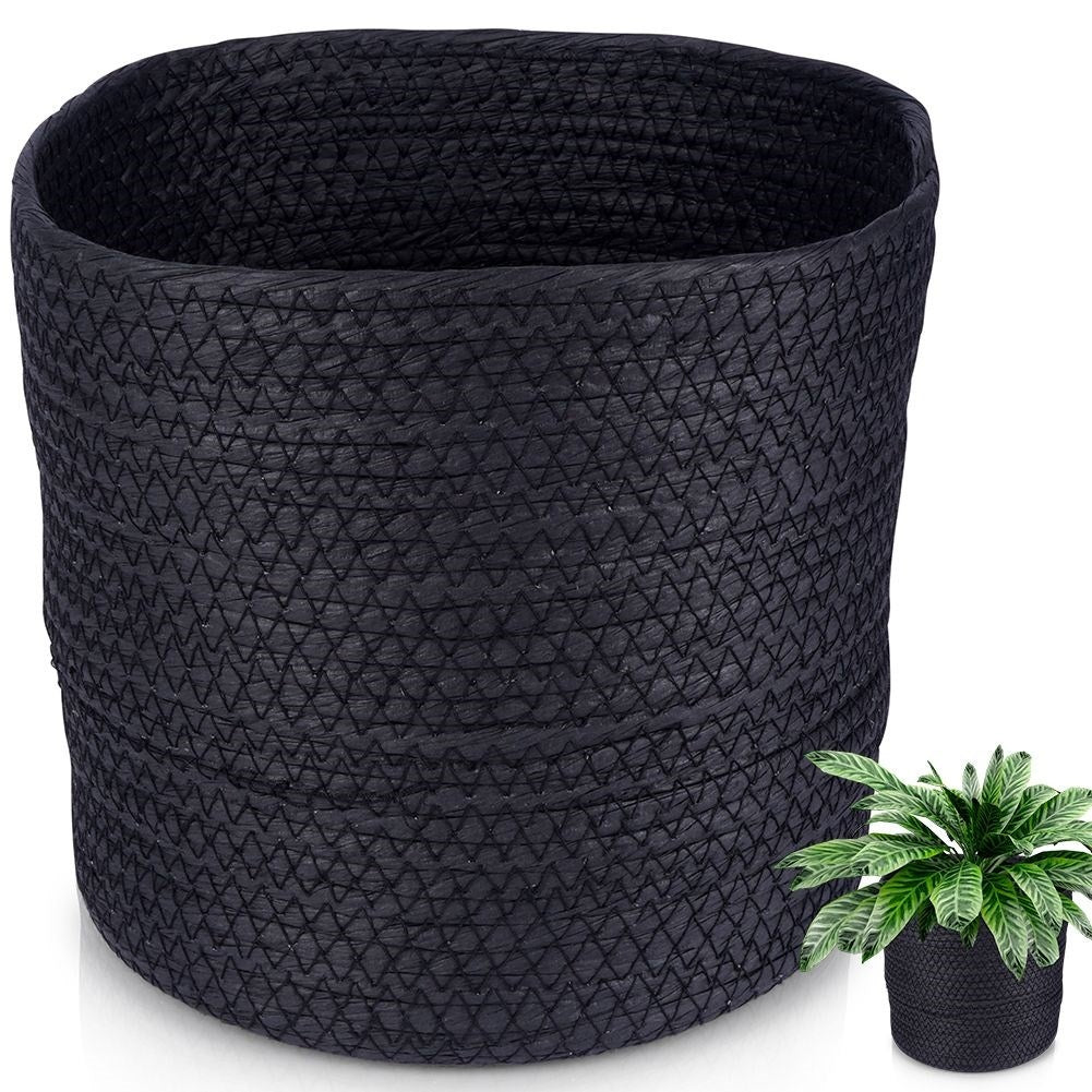 Boho style black bin for storage and pot cover