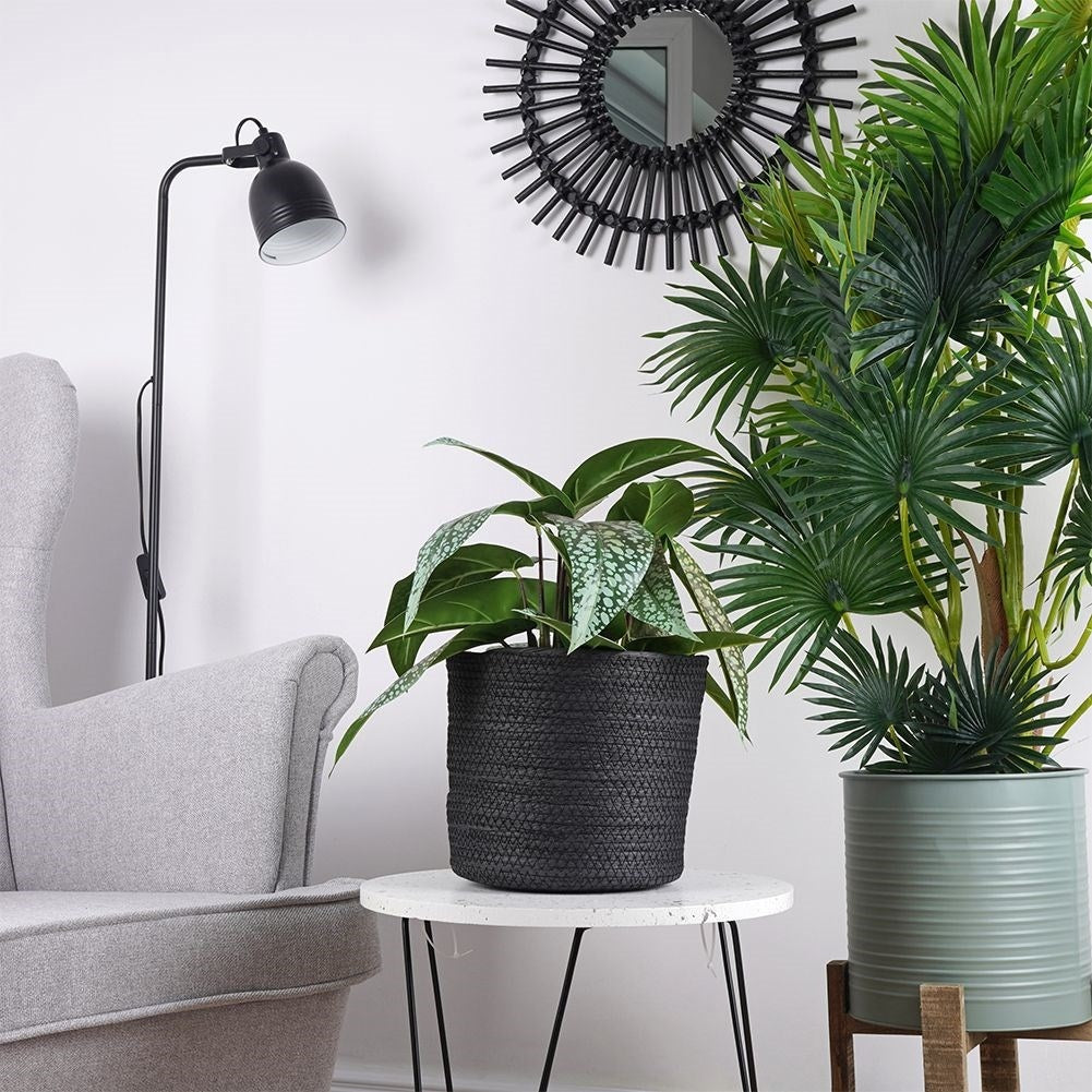 Boho style black bin for storage and pot cover