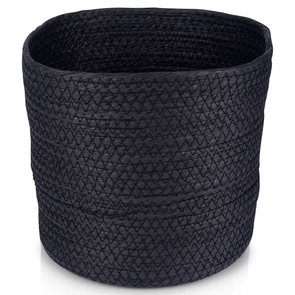 Boho style black bin for storage and pot cover