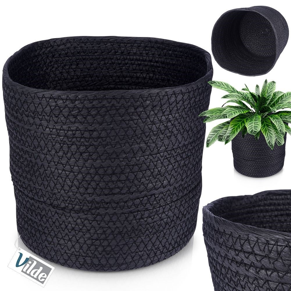 Boho style black bin for storage and pot cover