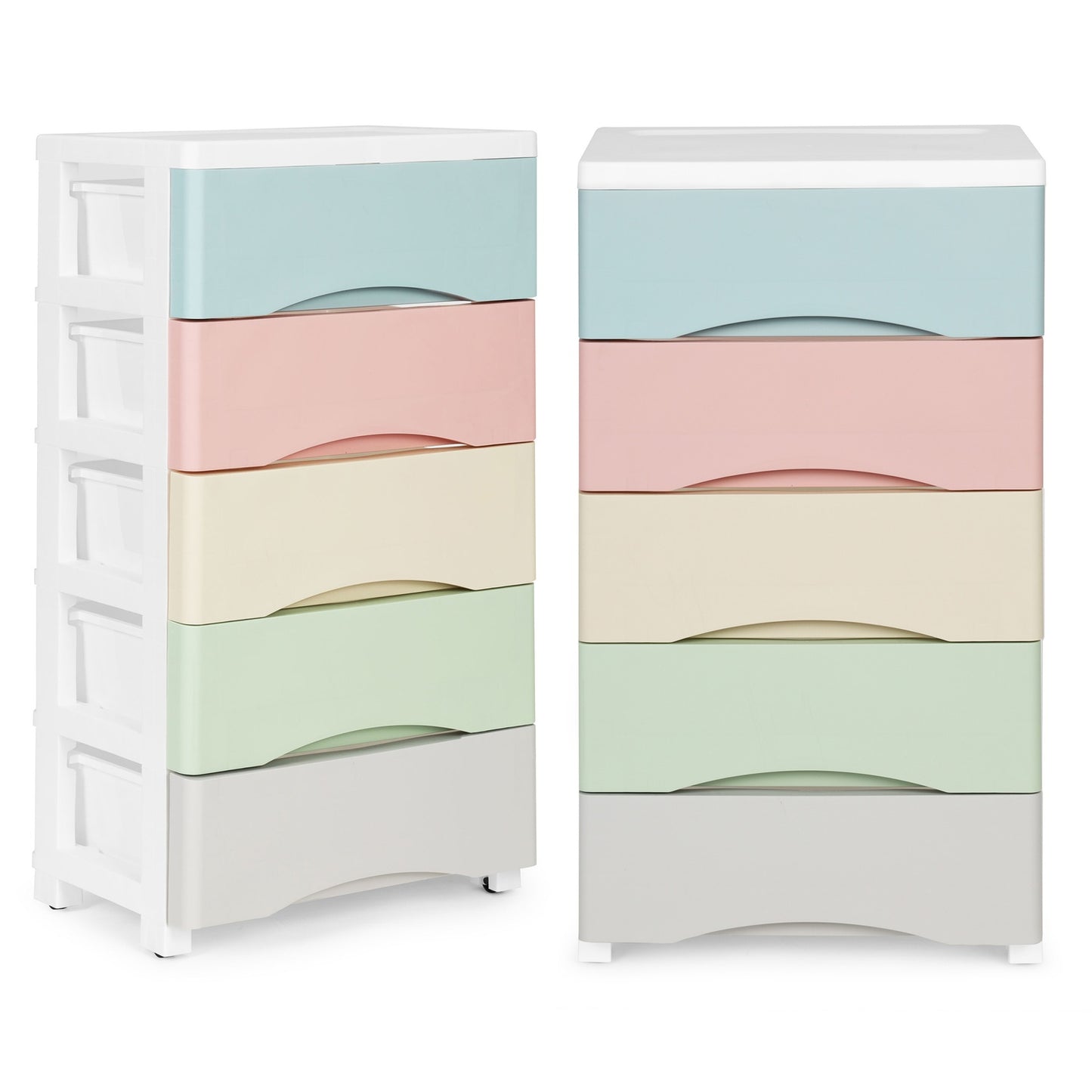 Bookcase with 5 pull-out drawers, legs with wheels, colorful drawers