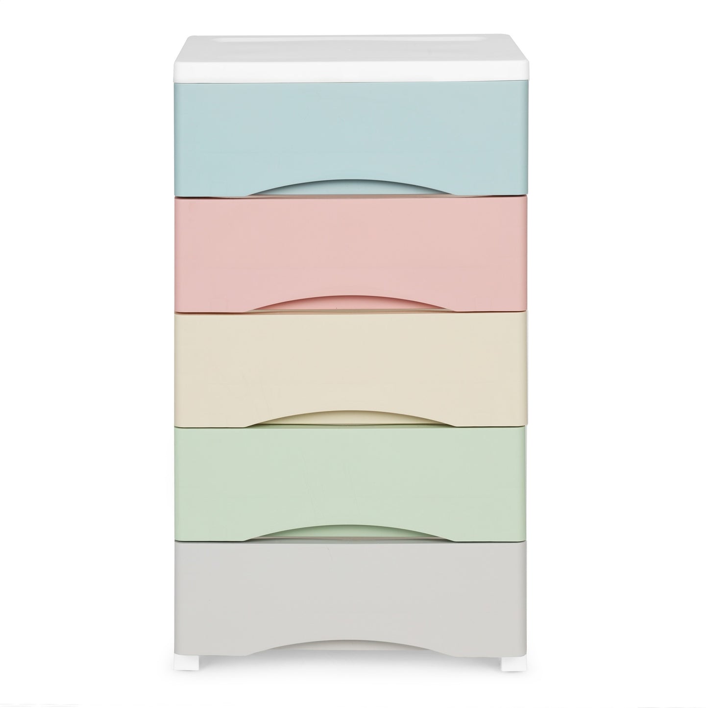 Bookcase with 5 pull-out drawers, legs with wheels, colorful drawers