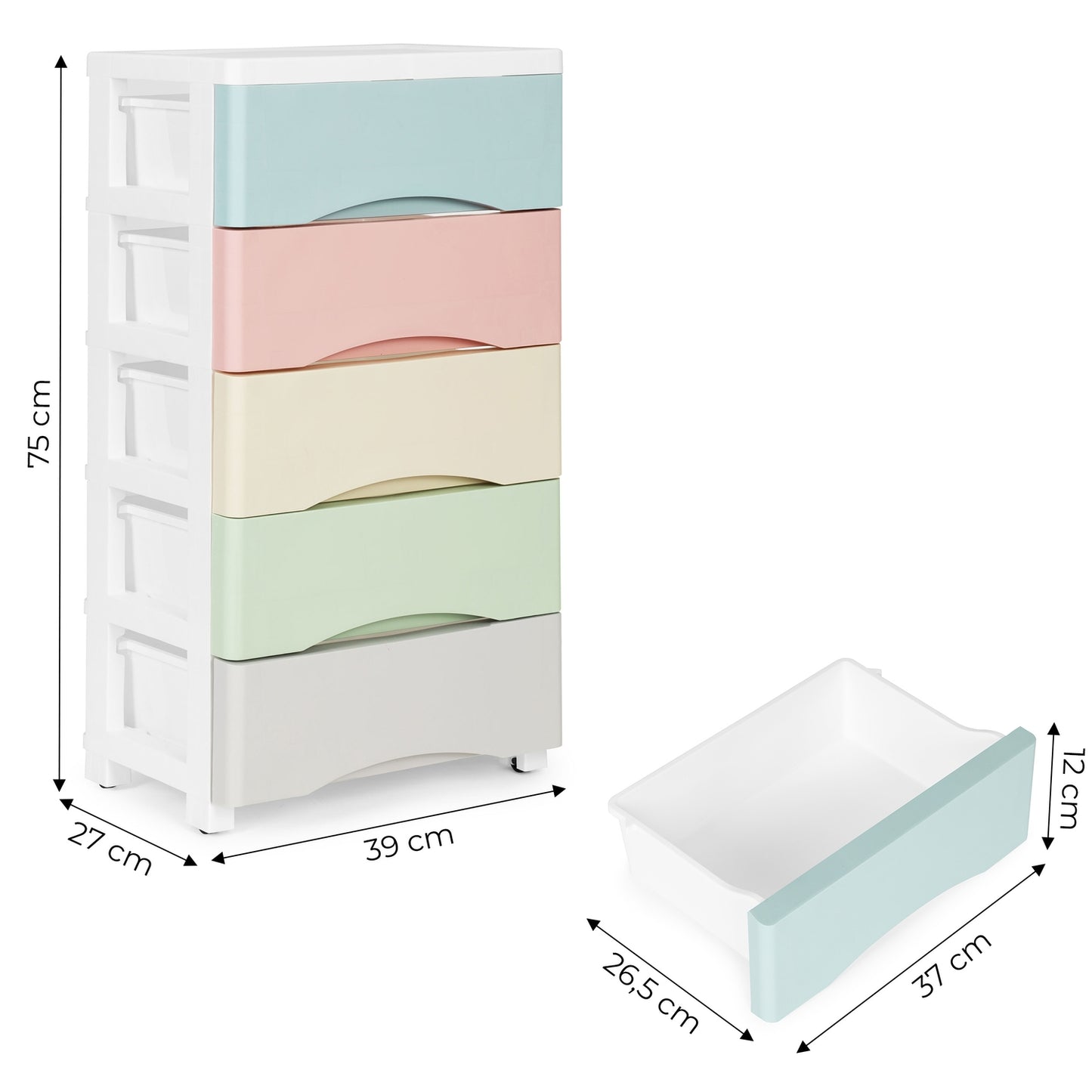 Bookcase with 5 pull-out drawers, legs with wheels, colorful drawers