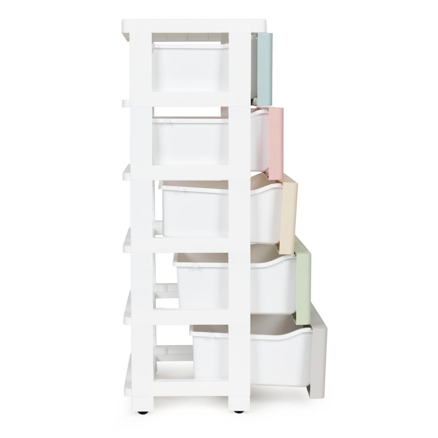 Bookcase with 5 pull-out drawers, legs with wheels, colorful drawers