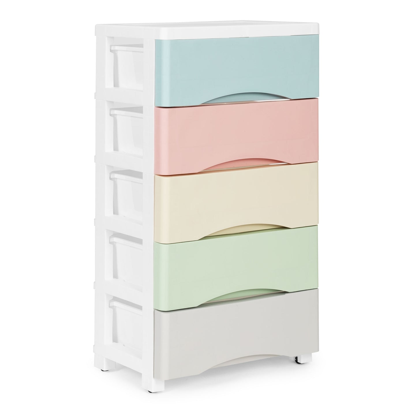 Bookcase with 5 pull-out drawers, legs with wheels, colorful drawers