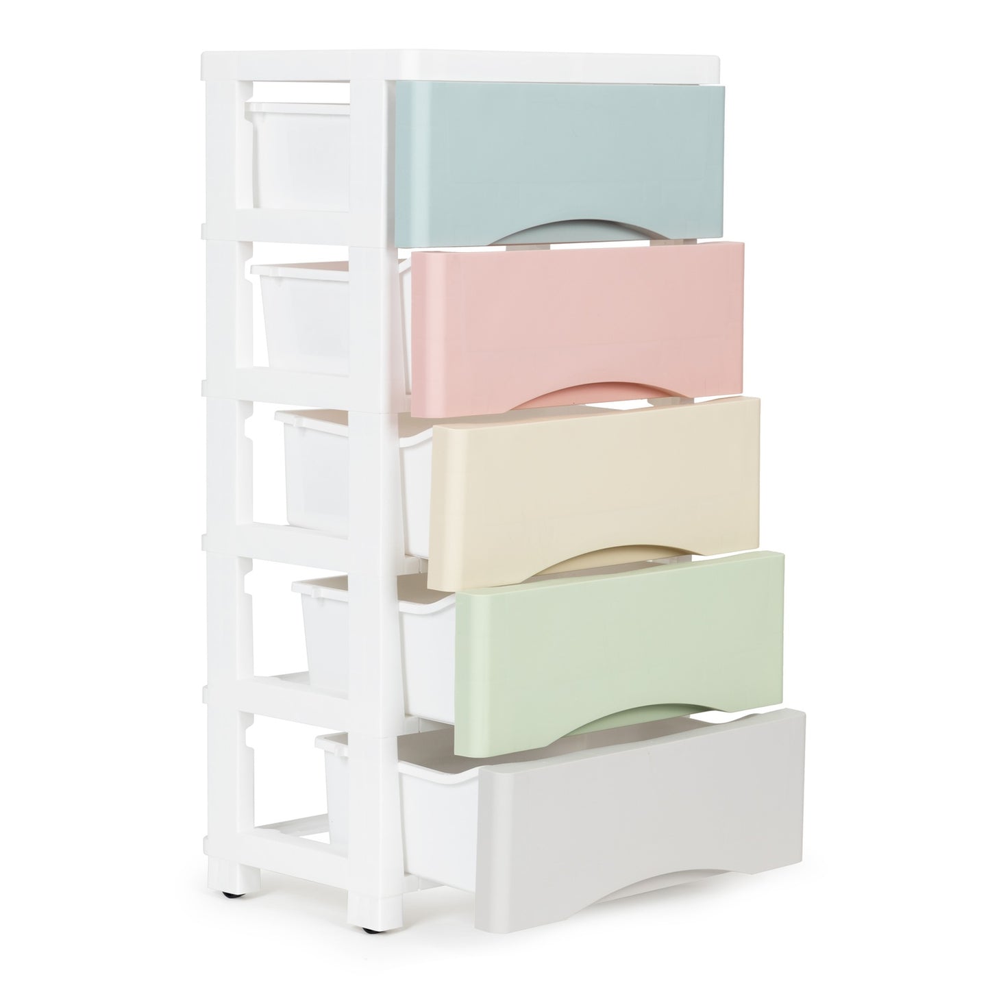 Bookcase with 5 pull-out drawers, legs with wheels, colorful drawers