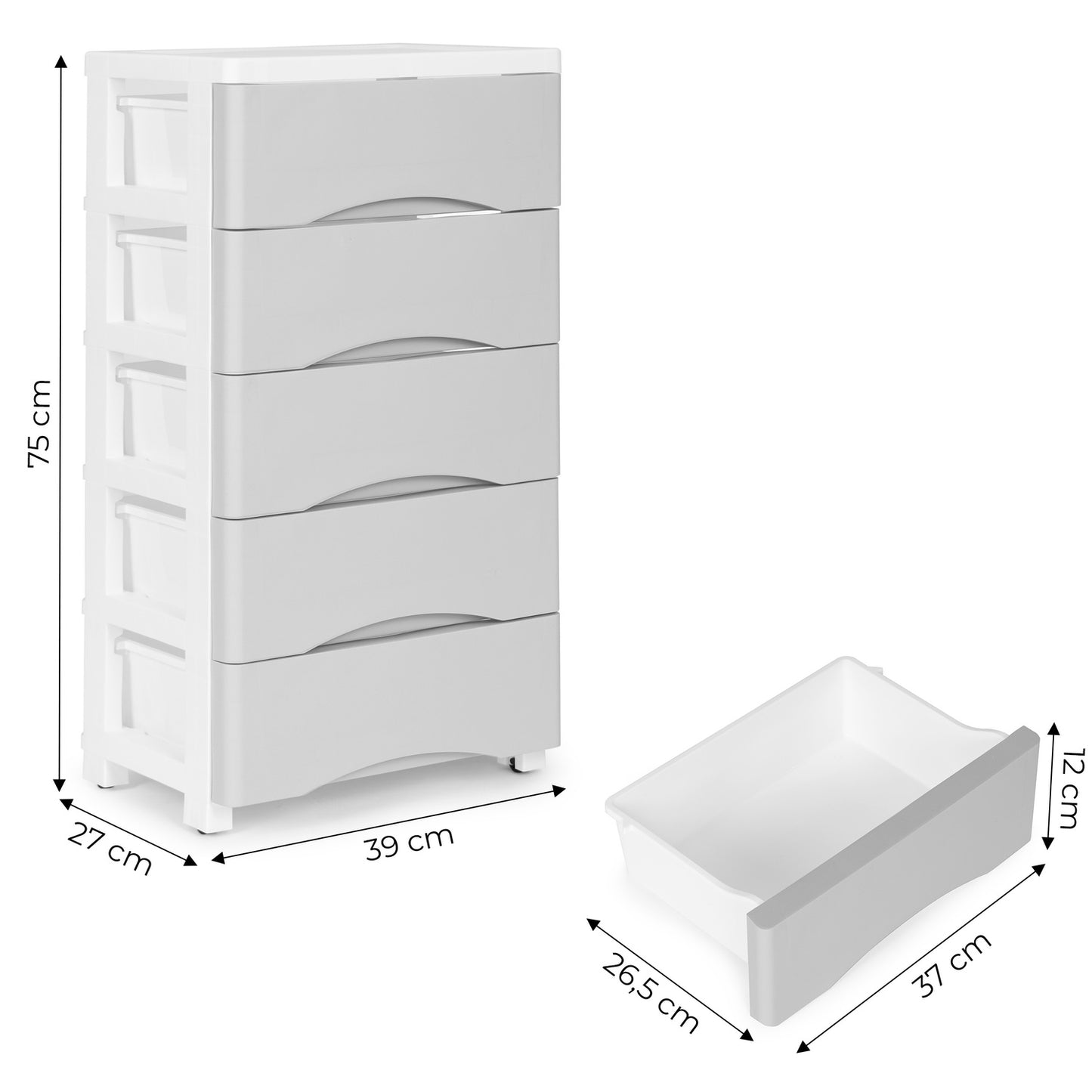 Bookcase with 5 pull-out drawers, legs with wheels - gray