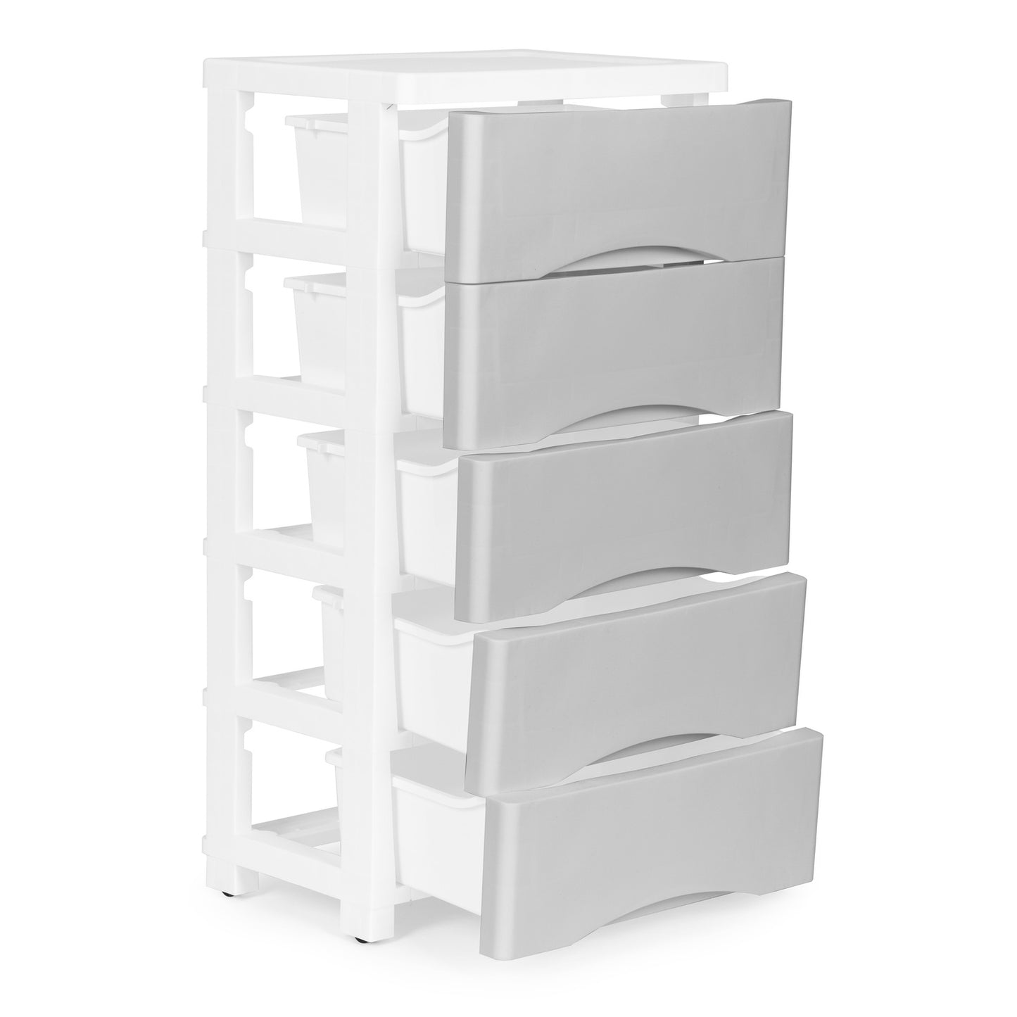 Bookcase with 5 pull-out drawers, legs with wheels - gray