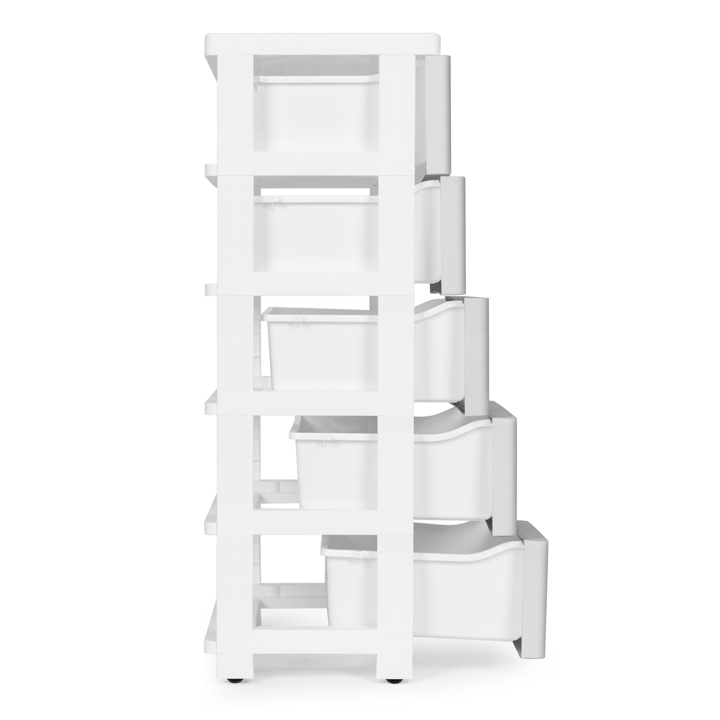 Bookcase with 5 pull-out drawers, legs with wheels - gray