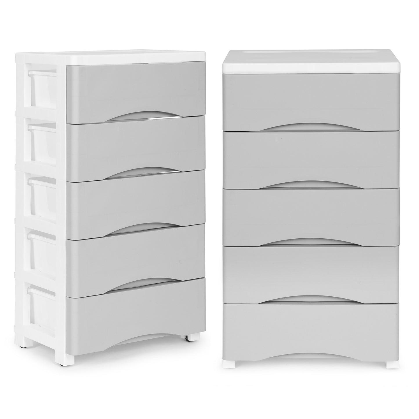 Bookcase with 5 pull-out drawers, legs with wheels - gray