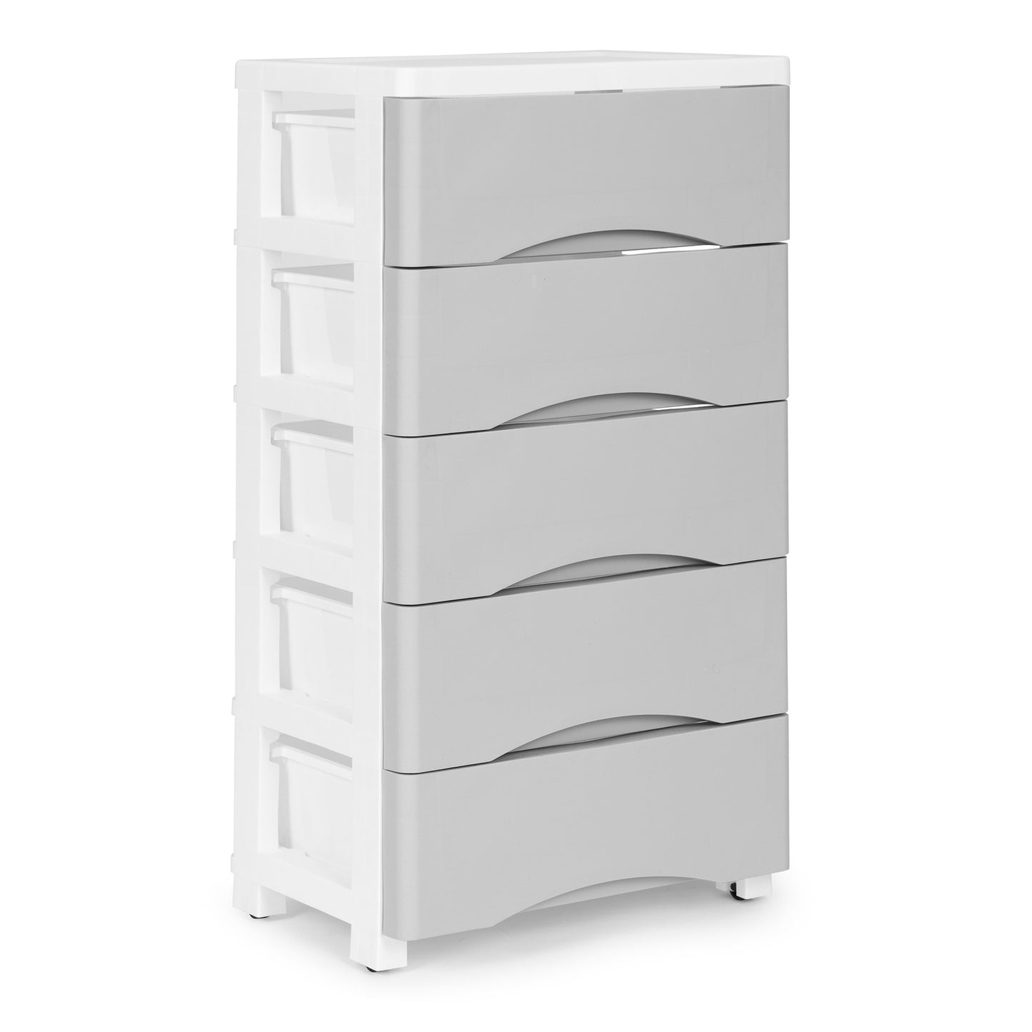 Bookcase with 5 pull-out drawers, legs with wheels - gray