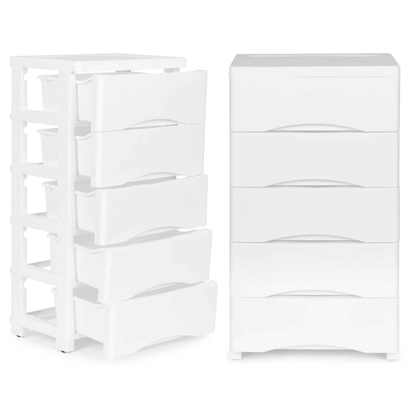 Bookcase with 5 pull-out drawers, legs with wheels - white