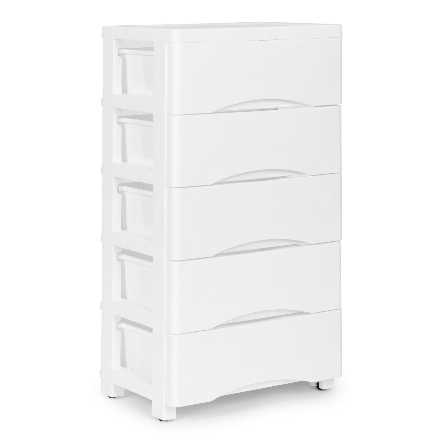 Bookcase with 5 pull-out drawers, legs with wheels - white