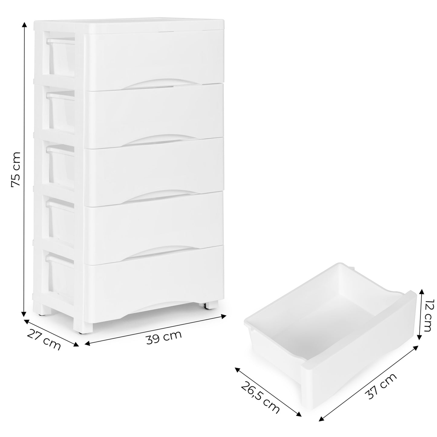 Bookcase with 5 pull-out drawers, legs with wheels - white
