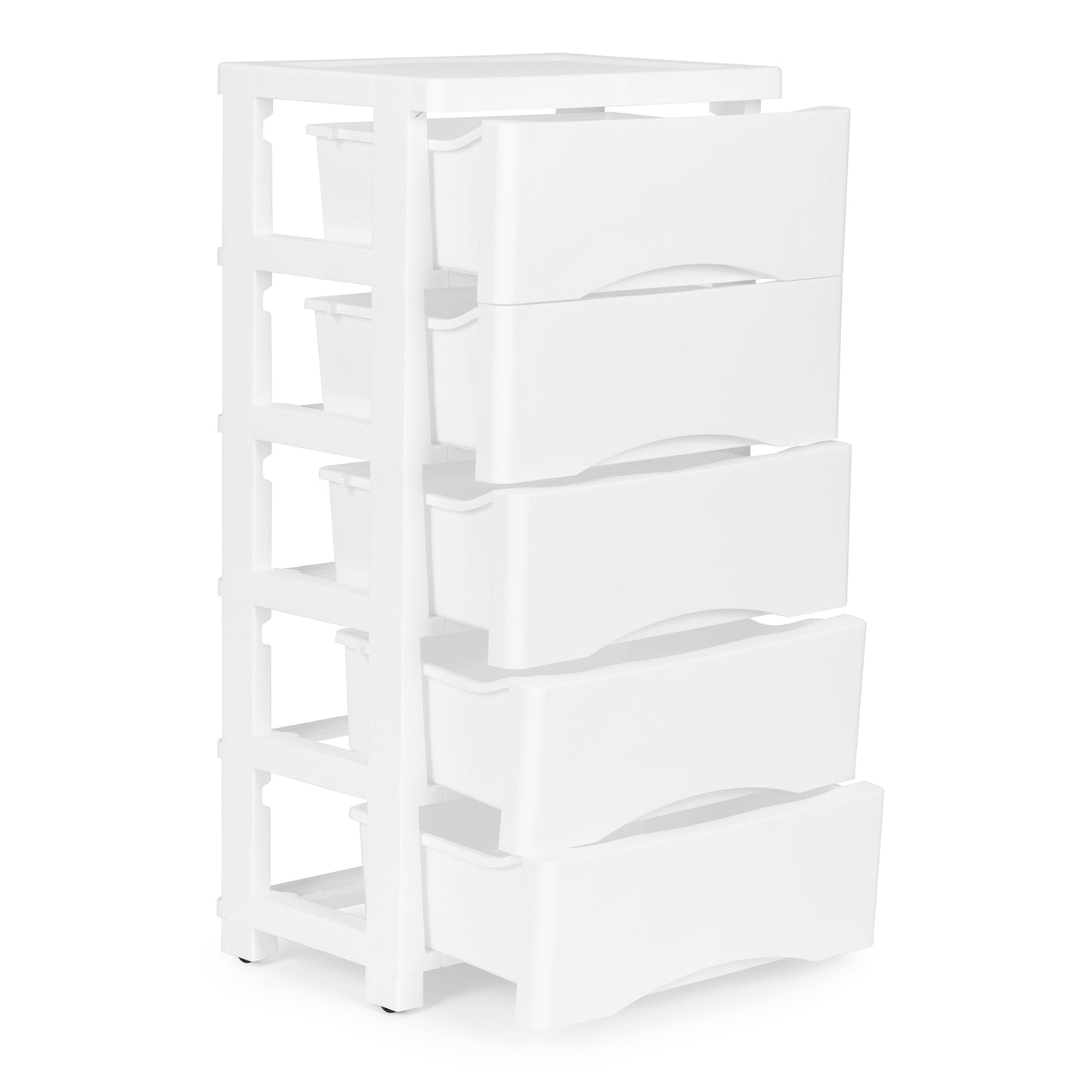 Bookcase with 5 pull-out drawers, legs with wheels - white